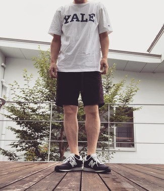 Men's White and Navy Print Crew-neck T-shirt, Dark Brown Shorts, Black and White Athletic Shoes, Black No Show Socks