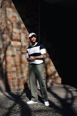 Men's White and Navy Horizontal Striped Crew-neck T-shirt, Olive Cargo Pants, White Canvas Low Top Sneakers, White and Black Print Baseball Cap