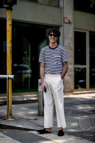 Black Loafers Hot Weather Outfits For Men: Marry a white and navy horizontal striped crew-neck t-shirt with white chinos to create a cool and casual look. For something more on the sophisticated side to round off your outfit, add black loafers to the mix.