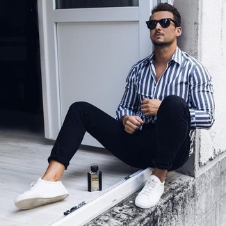 Men's White and Navy Vertical Striped Dress Shirt, Black Chinos, White Leather Low Top Sneakers, Black Sunglasses