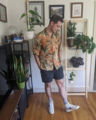Men's Grey Socks, White and Navy Leather High Top Sneakers, Black Shorts, Orange Floral Short Sleeve Shirt