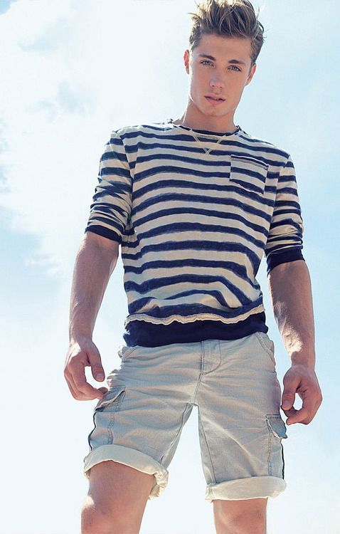 Men's White and Navy Horizontal Striped Long Sleeve T-Shirt, Beige Shorts |  Lookastic