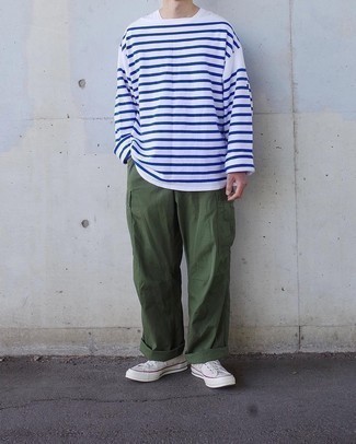 Men's White and Navy Horizontal Striped Long Sleeve T-Shirt, Olive Cargo Pants, White Canvas Low Top Sneakers