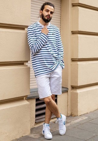 White and Red Canvas High Top Sneakers Relaxed Outfits For Men: For a relaxed getup, Pair a white and navy horizontal striped long sleeve t-shirt with white denim shorts. Our favorite of a great number of ways to round off this look is with a pair of white and red canvas high top sneakers.