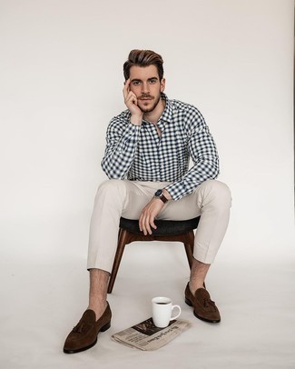 White and Navy Gingham Long Sleeve Shirt Outfits For Men: A white and navy gingham long sleeve shirt and beige chinos are a wonderful combination to have in your current outfit choices. Channel your inner Ryan Gosling and polish off your look with brown suede tassel loafers.