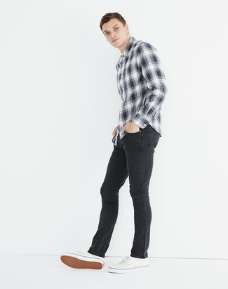 White and Blue Plaid Long Sleeve Shirt Outfits For Men: This pairing of a white and blue plaid long sleeve shirt and black jeans is impeccably stylish and yet it looks laid-back and ready for anything. White canvas low top sneakers integrate nicely within a great deal of combinations.