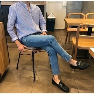 Loafers Outfits For Men: Consider pairing a white and navy vertical striped long sleeve shirt with blue jeans for a day-to-day getup that's full of charisma and personality. Puzzled as to how to finish your look? Rock a pair of loafers to kick it up a notch.