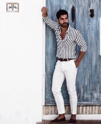 White and Navy Long Sleeve Shirt Outfits For Men: If you don't like getting too predictable with your getups, consider teaming a white and navy long sleeve shirt with white chinos. Complement your ensemble with dark brown canvas espadrilles and the whole look will come together wonderfully.