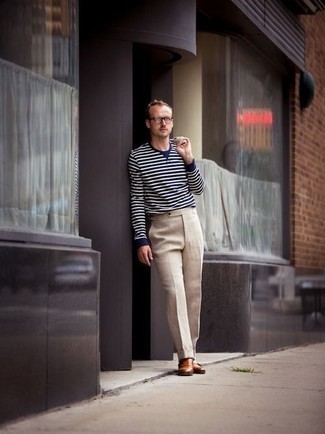 Men's White and Navy Horizontal Striped Long Sleeve T-Shirt, Beige Dress Pants, Tobacco Leather Double Monks, Clear Sunglasses