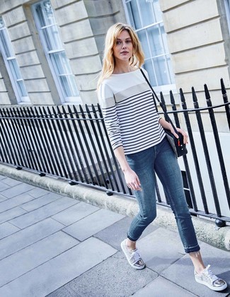 Women's White and Navy Horizontal Striped Long Sleeve T-shirt, Blue Skinny Jeans, Grey Low Top Sneakers, Black and White Leopard Leather Crossbody Bag