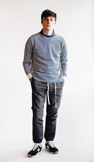 White and Black Horizontal Striped Long Sleeve T-Shirt Relaxed Outfits For Men: A white and black horizontal striped long sleeve t-shirt and charcoal chinos are a good combo worth having in your current styling routine. Complement this look with a pair of black and white athletic shoes to make the ensemble current.
