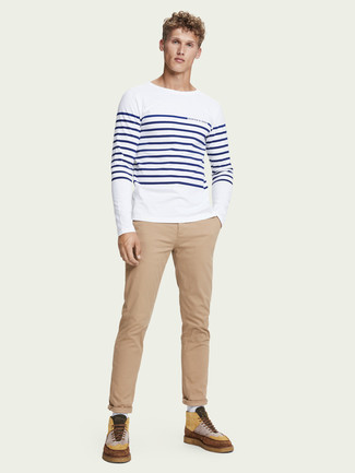 Men's White and Navy Horizontal Striped Long Sleeve T-Shirt, Khaki Chinos, Multi colored Suede Casual Boots, White Socks