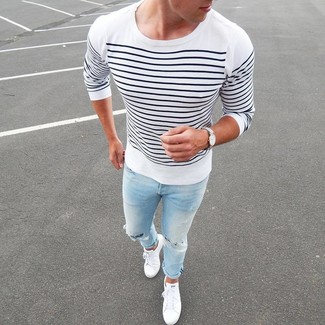Men's White and Navy Horizontal Striped Long Sleeve T-Shirt, Light Blue Ripped Jeans, White Low Top Sneakers, White Canvas Watch