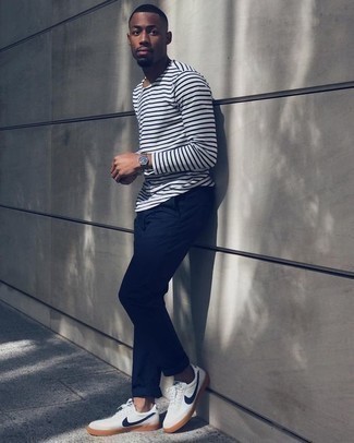Men's White and Navy Horizontal Striped Long Sleeve T-Shirt, Navy Chinos, White and Navy Leather Low Top Sneakers, Brown Leather Watch