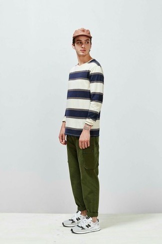 Men's White and Navy Horizontal Striped Long Sleeve T-Shirt, Olive Cargo Pants, Grey Athletic Shoes, Pink Baseball Cap