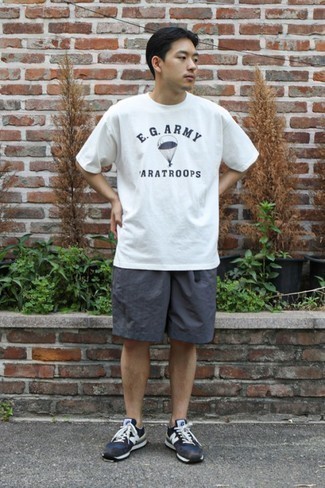Men's White and Navy Print Crew-neck T-shirt, Charcoal Shorts, Navy and White Athletic Shoes