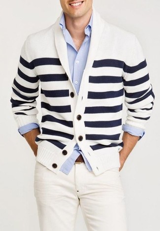 Men's White and Navy Horizontal Striped Shawl Cardigan, Light Blue Long Sleeve Shirt, White Jeans, Brown Leather Belt