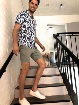 Men's White and Navy Print Short Sleeve Shirt, Olive Shorts, White Canvas Low Top Sneakers, Black No Show Socks