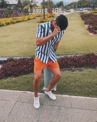 Men's White and Navy Vertical Striped Short Sleeve Shirt, Orange Shorts, White Leather Low Top Sneakers, Black Sunglasses