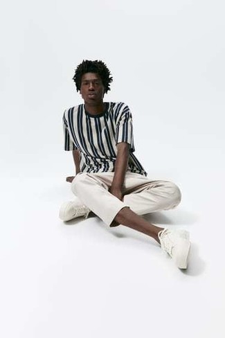 Men's White and Navy Vertical Striped Crew-neck T-shirt, Beige Chinos, White Canvas Low Top Sneakers