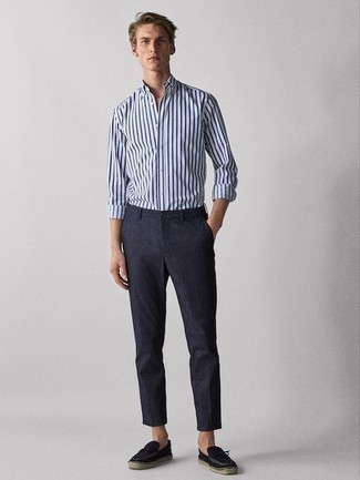 Men's White and Navy Vertical Striped Long Sleeve Shirt, Navy Chinos, Black Suede Espadrilles