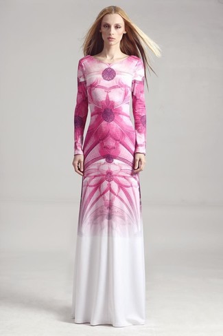 Women's White and Pink Print Maxi Dress