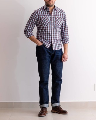 Men's White and Red and Navy Gingham Long Sleeve Shirt, Navy Jeans, Dark Brown Leather Brogues, Navy Socks