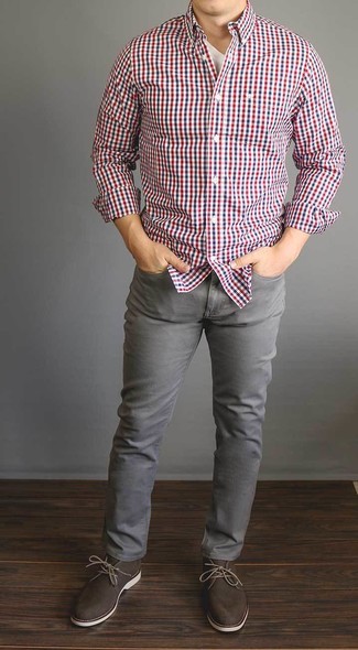 Men's White and Red and Navy Gingham Long Sleeve Shirt, White V-neck T-shirt, Grey Jeans, Dark Brown Suede Desert Boots
