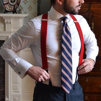 Multi colored Vertical Striped Tie Outfits For Men: 