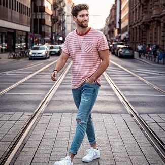 Men's White and Red Horizontal Striped Crew-neck T-shirt, Blue Ripped Skinny Jeans, White Leather Low Top Sneakers, Dark Brown Beaded Bracelet
