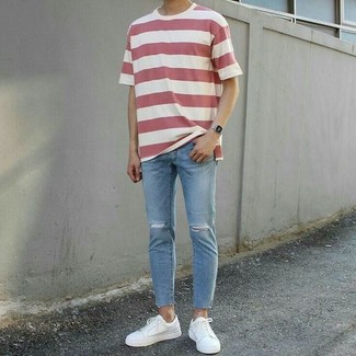 Light Blue Ripped Skinny Jeans Outfits For Men: This modern casual combo of a white and red horizontal striped crew-neck t-shirt and light blue ripped skinny jeans is extremely easy to put together in no time, helping you look stylish and ready for anything without spending too much time going through your wardrobe. White leather low top sneakers will give an extra touch of elegance to an otherwise mostly casual look.
