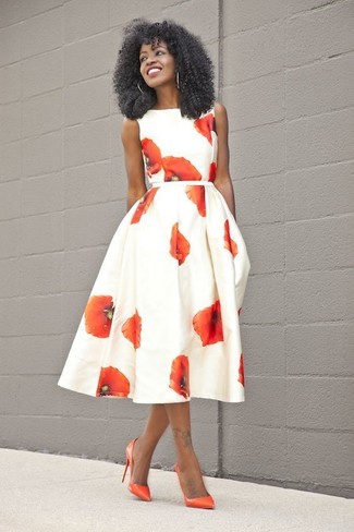 Women's White and Red Floral Skater Dress, Orange Leather Pumps