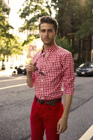 Men's White and Red Gingham Dress Shirt, Red Chinos, Dark Brown Leather Belt