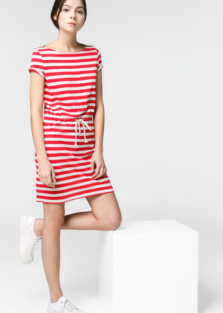 White and Red Horizontal Striped Casual Dress Outfits: Master casual style in a white and red horizontal striped casual dress. Add a pair of white low top sneakers to the mix for extra style points.