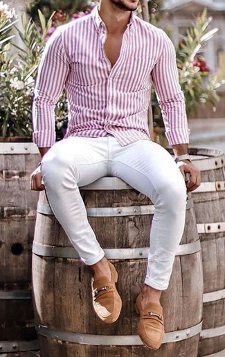Men's White and Red Vertical Striped Long Sleeve Shirt, White Skinny Jeans, Tan Suede Loafers, Silver Watch