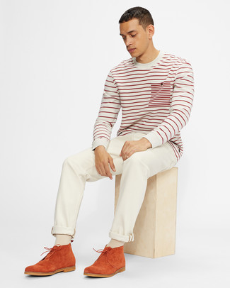 White and Red Horizontal Striped Long Sleeve T-Shirt Outfits For Men: This is definitive proof that a white and red horizontal striped long sleeve t-shirt and white jeans look awesome when married together in an edgy ensemble. Bump up this getup by slipping into a pair of orange suede desert boots.