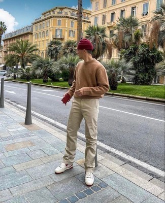 Men's Red Beanie, White and Red Leather Low Top Sneakers, Beige Chinos, Tan Crew-neck Sweater