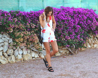 Women's White and Red Print Playsuit, Black Leather Flat Sandals, Black Leather Crossbody Bag, Gold Watch