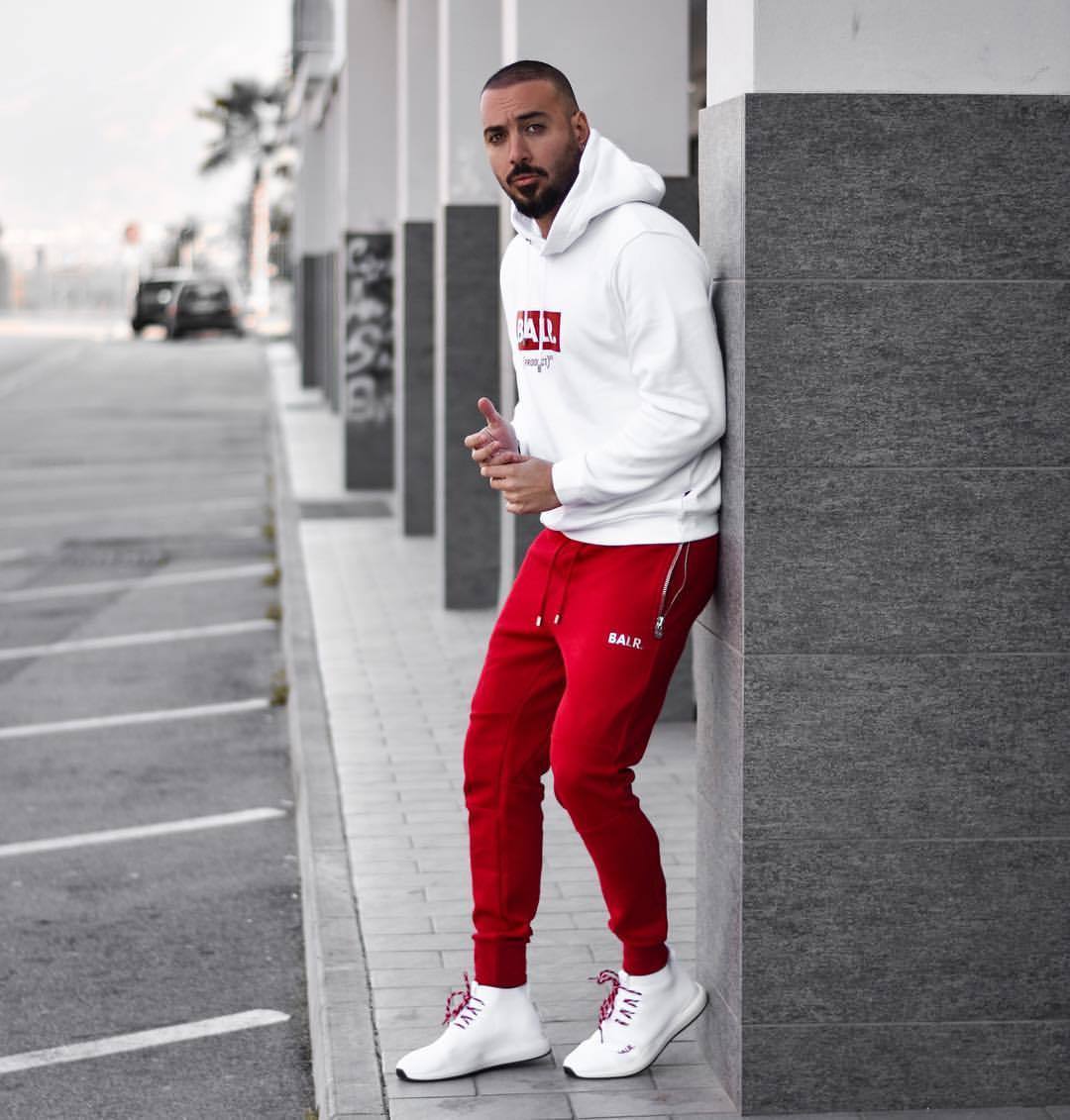 white and red print hoodie red sweatpants white athletic shoes original 41845