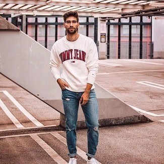 Men's White and Red Print Sweatshirt, Blue Ripped Jeans, White Canvas Low Top Sneakers