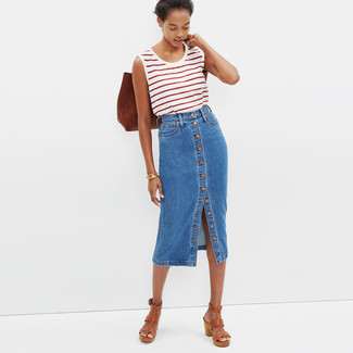 Blue Skirt Outfits: A white and red horizontal striped tank and a blue skirt are a nice combination to integrate into your casual arsenal. Go ahead and make tan leather heeled sandals your footwear choice for an added dose of class.