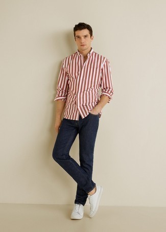 Men's White and Red Vertical Striped Long Sleeve Shirt, Navy Jeans, White Leather Low Top Sneakers