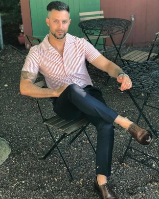 White Vertical Striped Short Sleeve Shirt Outfits For Men: A white vertical striped short sleeve shirt and black chinos are the kind of a tested casual look that you so desperately need when you have zero time. Up your whole outfit with a pair of dark brown leather oxford shoes.