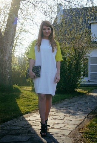 Women's White and Yellow Shift Dress, Black Leather Heeled Sandals, Brown Leopard Leather Clutch