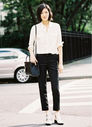 Women's Black Leather Crossbody Bag, White Cutout Leather Ankle Boots, Black Skinny Pants, White Dress Shirt