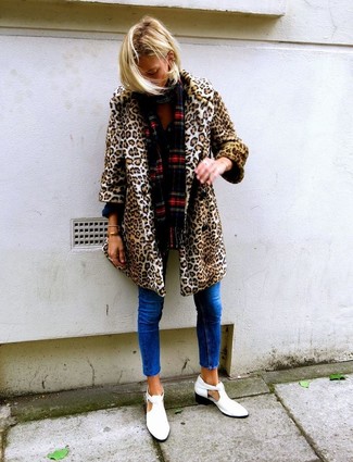 Women's Red Plaid Scarf, White Cutout Leather Ankle Boots, Blue Skinny Jeans, Tan Leopard Fur Coat