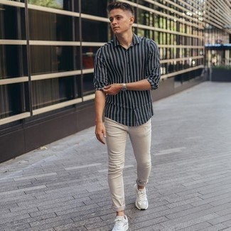 Black Vertical Striped Long Sleeve Shirt Outfits For Men In Their 20s: 
