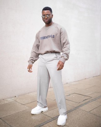 Beige Print Sweatshirt Outfits For Men: 