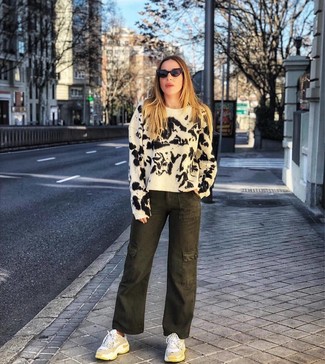 Women's Black Sunglasses, White Athletic Shoes, Olive Tie-Dye Denim Wide Leg Pants, White and Black Tie-Dye Crew-neck Sweater