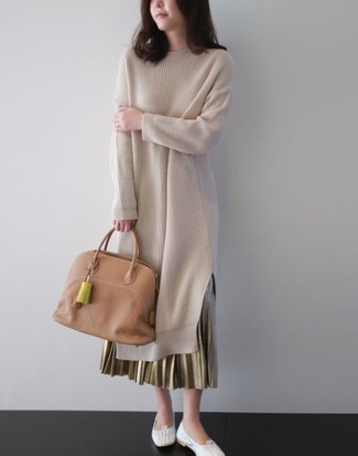 Women's Tan Leather Tote Bag, White Leather Ballerina Shoes, Gold Pleated Maxi Skirt, Beige Sweater Dress